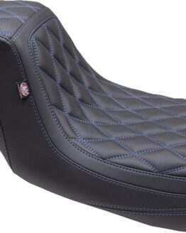 Mustang Double Diamond Squareback Seat Black Blue Stitch Harley FL Touring 08-24